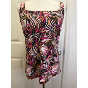 Lands’ End Square Neck Tankini Top Size 12 Black Multi Palm Print NWT